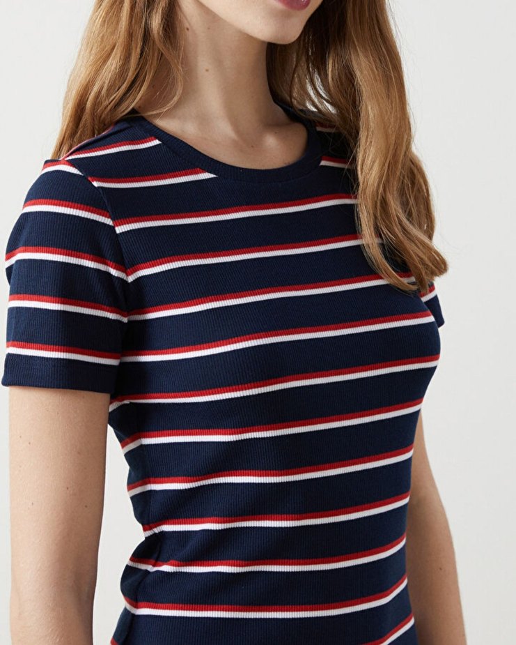 Çizgili Lacivert Midi Kadın Elbise - Görsel 2