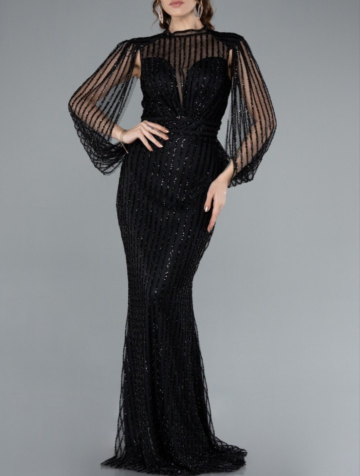 Uzun Siyah İşlemeli Gece Elbisesi - Görsel 2