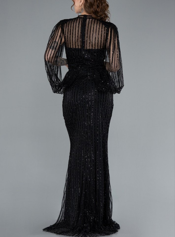 Uzun Siyah İşlemeli Gece Elbisesi - Görsel 3