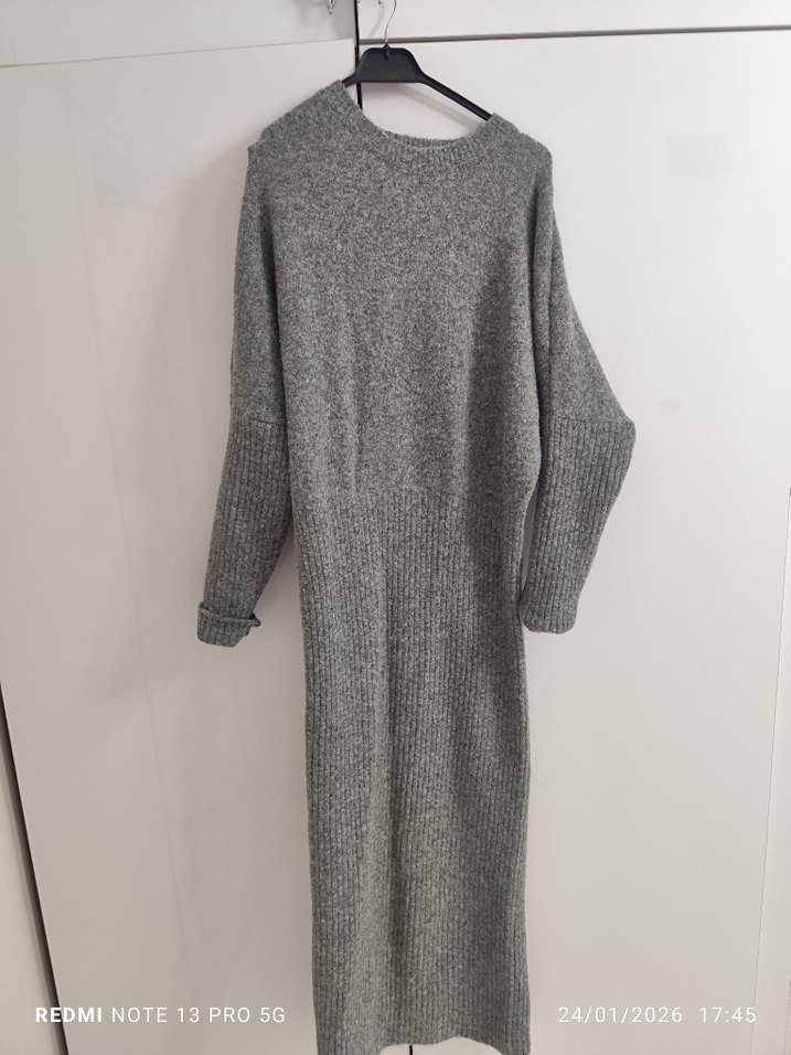 Gri Uzun Örme Kadın Elbise - Görsel 3