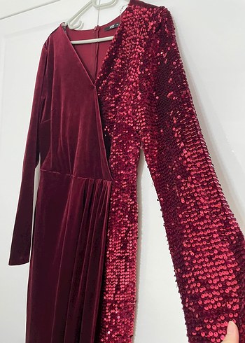 Bordo Kadife Drapeli Uzun Abiye Elbise - Görsel 4