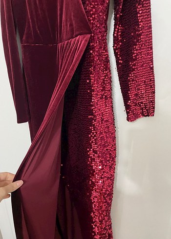 Bordo Kadife Drapeli Uzun Abiye Elbise - Görsel 7