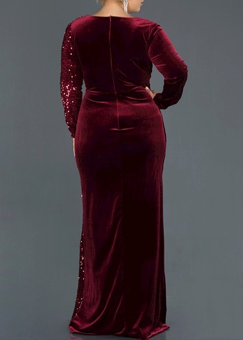 Bordo Kadife Drapeli Uzun Abiye Elbise - Görsel 2