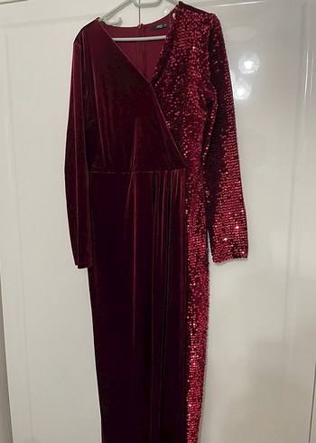 Bordo Kadife Drapeli Uzun Abiye Elbise - Görsel 6