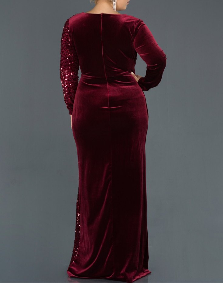 Bordo Kadife Drapeli Uzun Abiye Elbise - Görsel 2