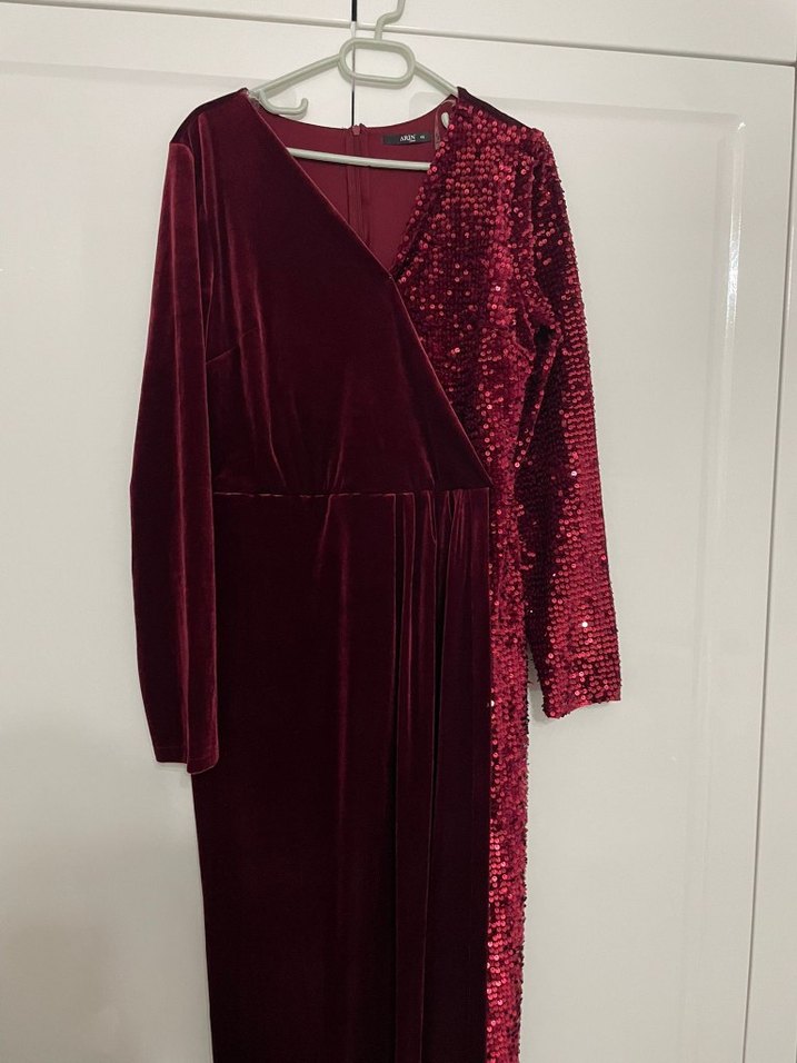 Bordo Kadife Drapeli Uzun Abiye Elbise - Görsel 5