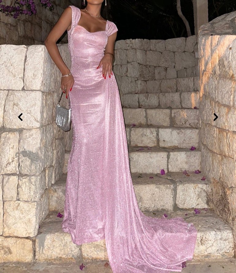 Pembe Uzun Drapeli Kadın Abiye Elbise - Görsel 2