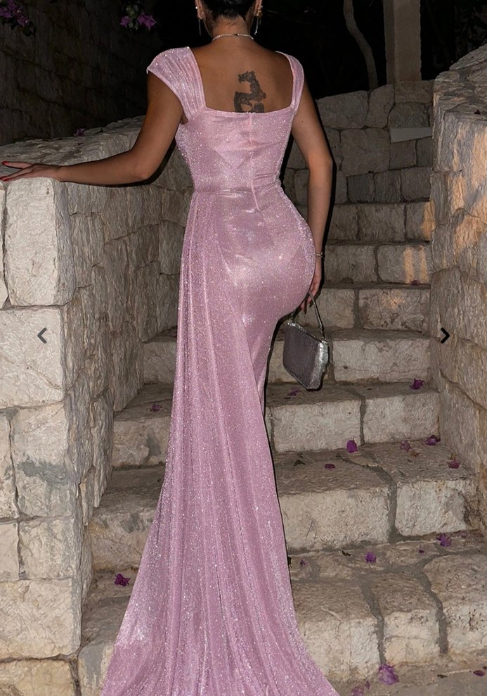 Pembe Uzun Drapeli Kadın Abiye Elbise - Görsel 3