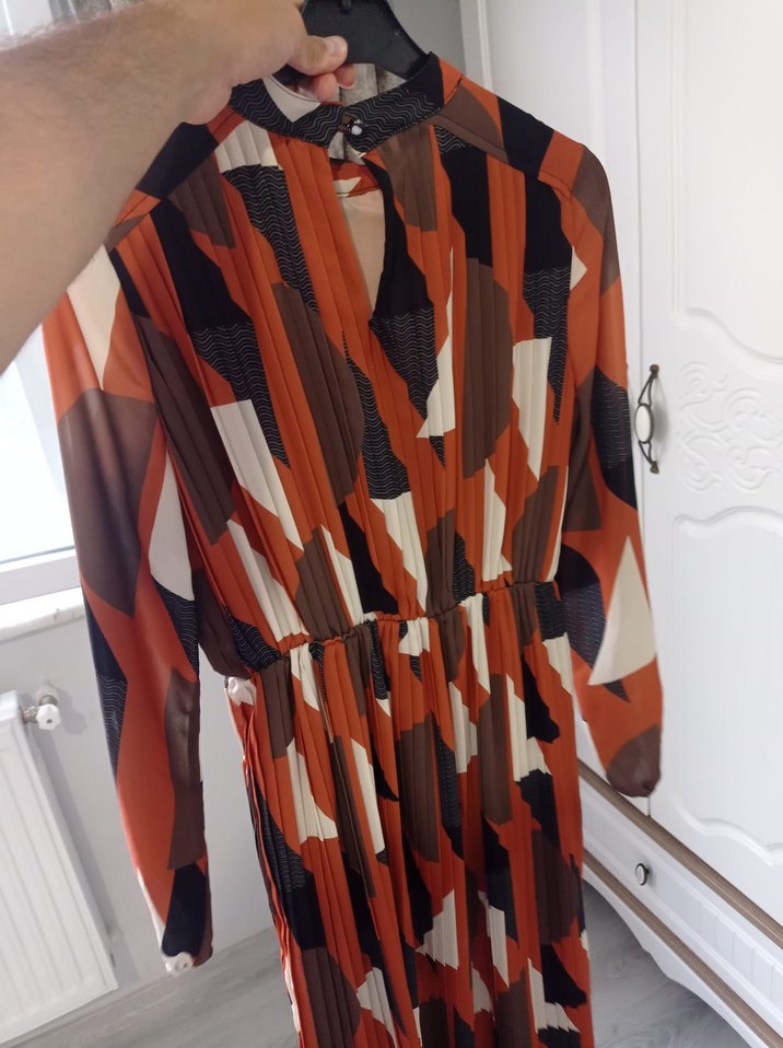 Uzun Pilili geometrik Desenli Kadın Elbise - Görsel 4