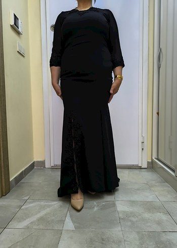 Dantel Detaylı Siyah Uzun V Yaka Abiye Elbise - Görsel 7