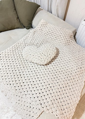 Bej Örgü Battaniye ve kalp yastık - Görsel 5