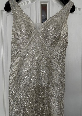 krem Payetli V Yakalı Uzun Abiye Elbise - Görsel 3