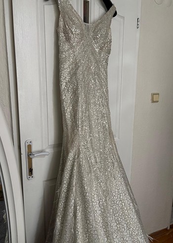 krem Payetli V Yakalı Uzun Abiye Elbise - Görsel 4