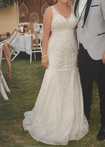 krem Payetli V Yakalı Uzun Abiye Elbise - Görsel 7