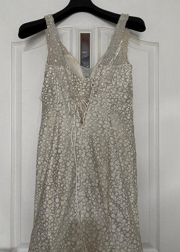 krem Payetli V Yakalı Uzun Abiye Elbise - Görsel 6