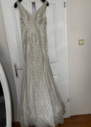 krem Payetli V Yakalı Uzun Abiye Elbise - Görsel 5