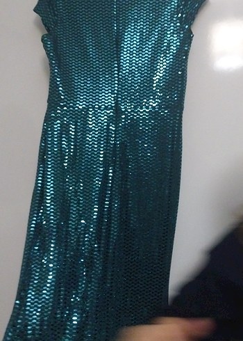 Uzun Turkuaz Yılan Desenli Drapeli Abiye Elbise - Görsel 4