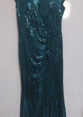 Uzun Turkuaz Yılan Desenli Drapeli Abiye Elbise - Görsel 2