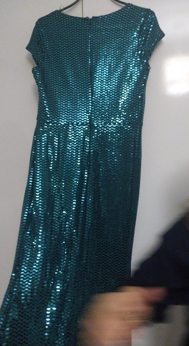 Uzun Turkuaz Yılan Desenli Drapeli Abiye Elbise - Görsel 4