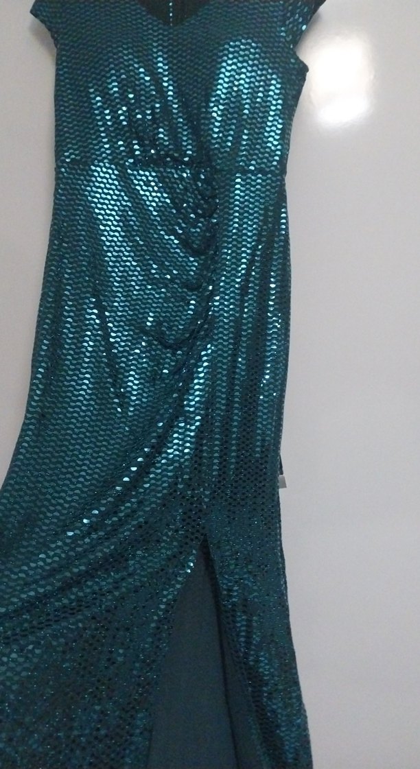 Uzun Turkuaz Yılan Desenli Drapeli Abiye Elbise - Görsel 3