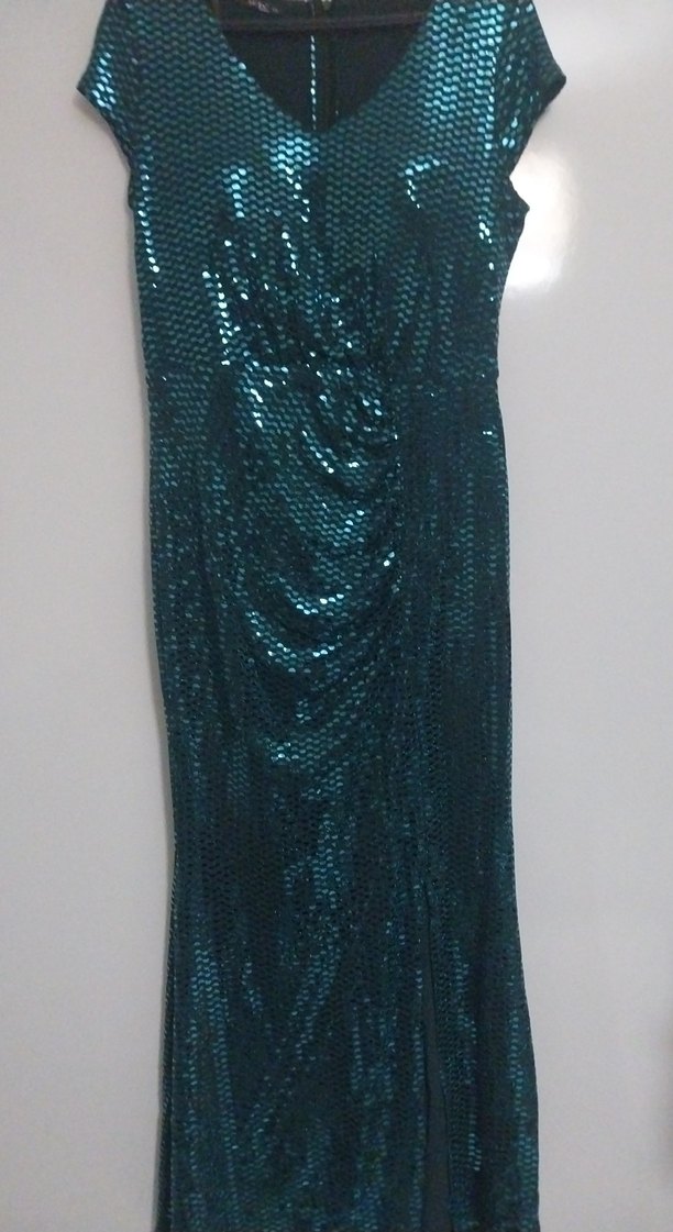 Uzun Turkuaz Yılan Desenli Drapeli Abiye Elbise - Görsel 2