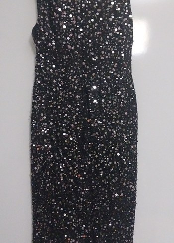 Payetli Siyah V Yakalı Midi Abiye Elbise - Görsel 3