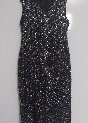 Payetli Siyah V Yakalı Midi Abiye Elbise - Görsel 2