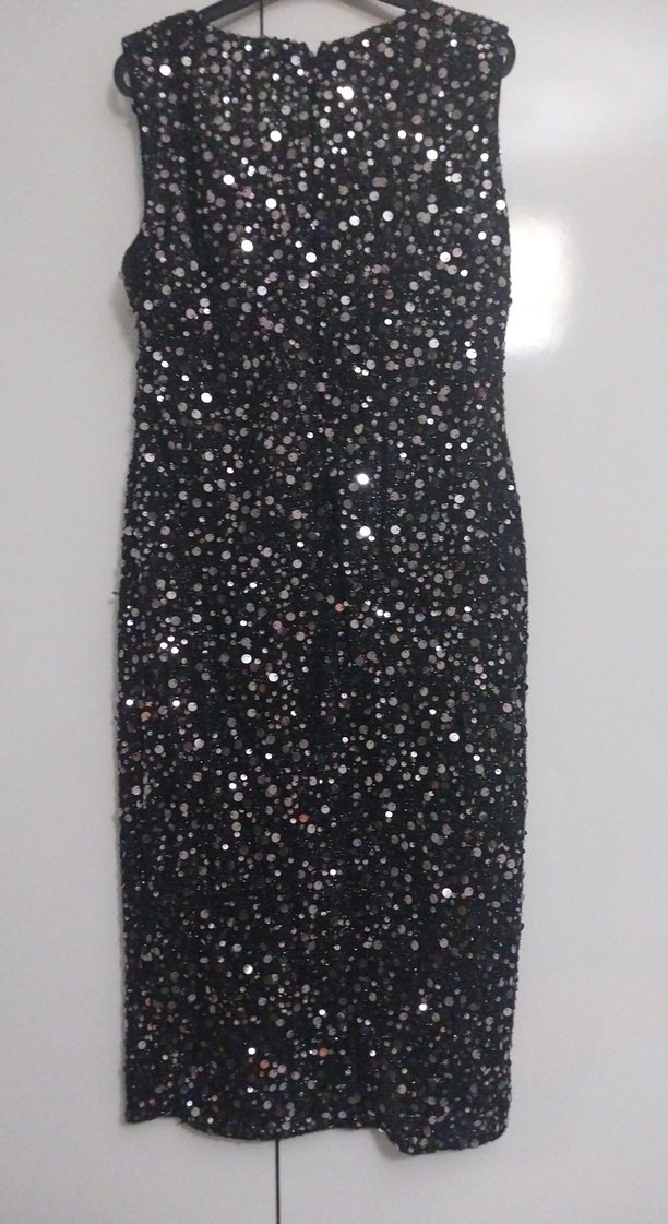 Payetli Siyah V Yakalı Midi Abiye Elbise - Görsel 3