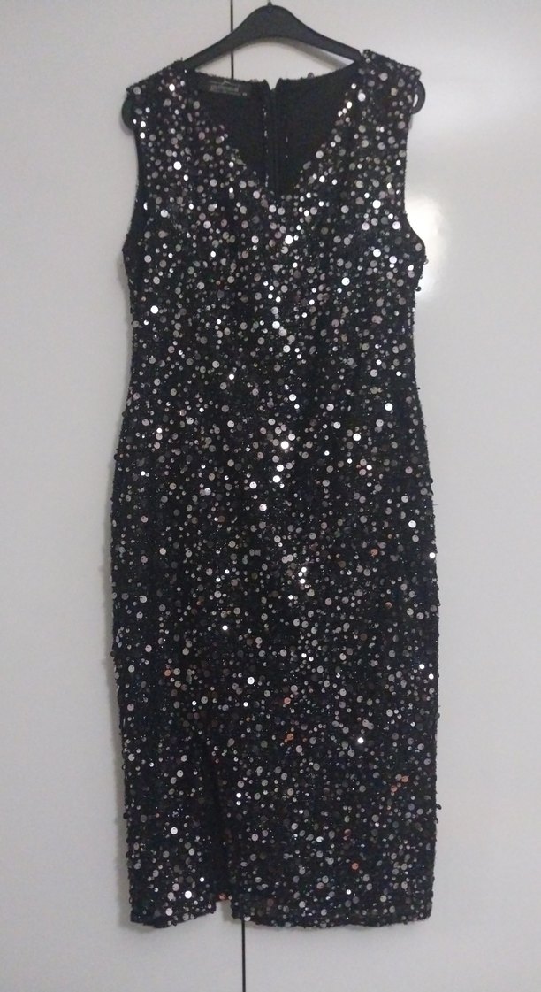 Payetli Siyah V Yakalı Midi Abiye Elbise - Görsel 2