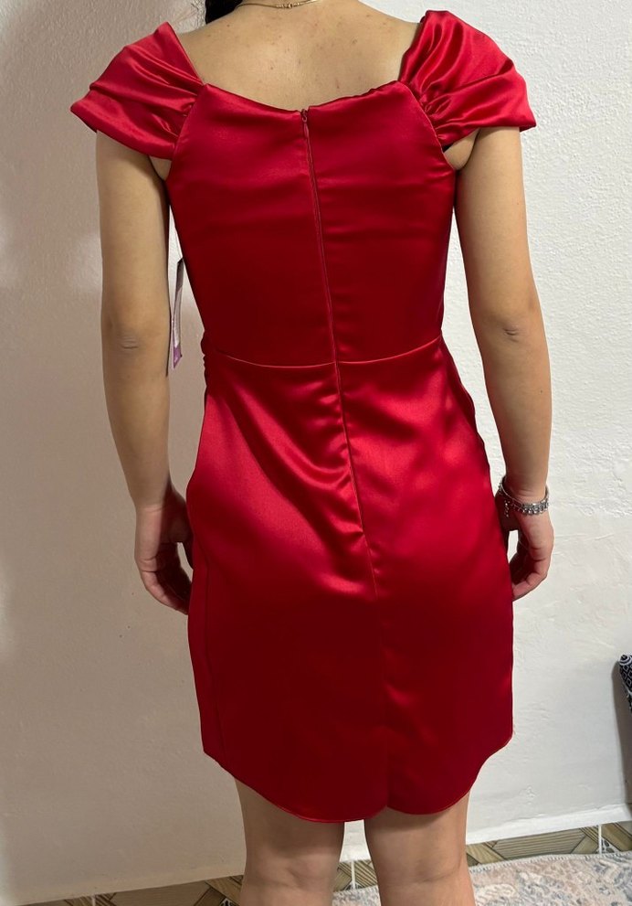 Kırmızı Drapeli V Yakalı Midi Elbise - Görsel 3