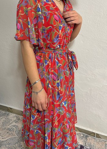 Renkli V Yaka Bohem Elbise - Görsel 3