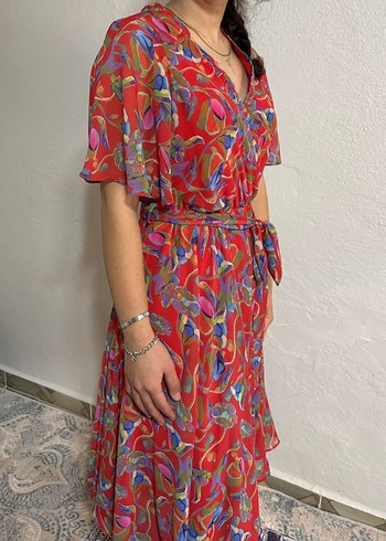 Renkli V Yaka Bohem Elbise - Görsel 2