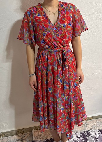 Renkli V Yaka Bohem Elbise - Görsel 5