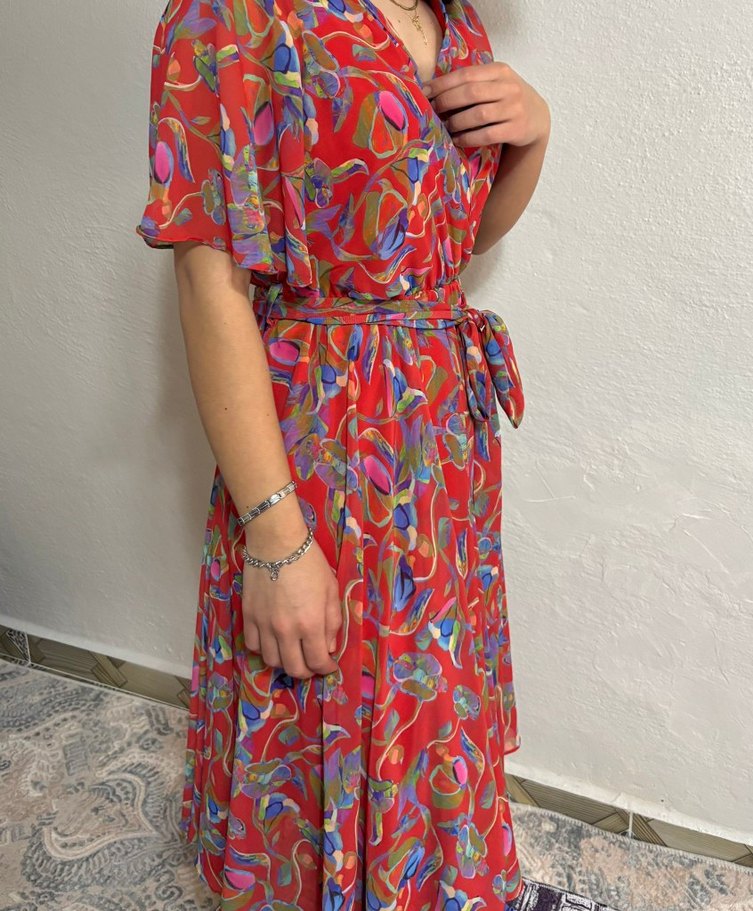 Renkli V Yaka Bohem Elbise - Görsel 3