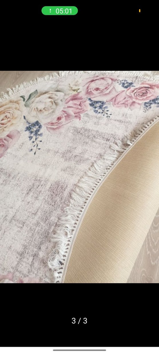 Pembe Çiçek Desenli Yuvarlak Bohem Halı - Görsel 3