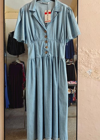 40 Beden mavi Renk Düğmeli Mavi kisa Denim Elbise
