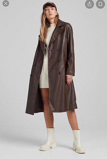 Kahverengi Suni Deri Trençkot Bershka Trenchcoat %20 İndirimli - Gardrops