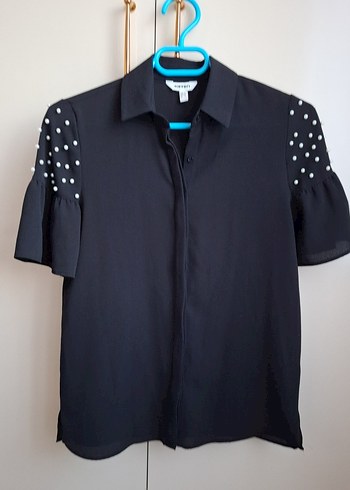 İnci Detaylı Siyah Kısa Kollu Gömlek - Görsel 2