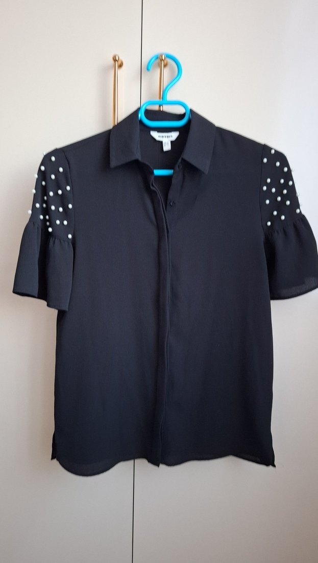 İnci Detaylı Siyah Kısa Kollu Gömlek - Görsel 2