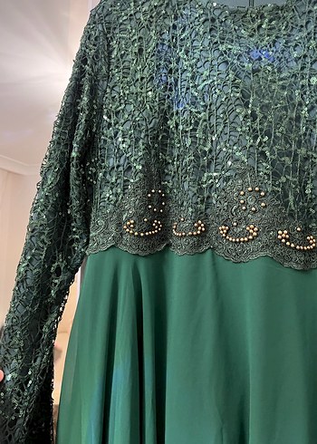 Uzun Kollu Yeşil Abiye Elbise - Görsel 3