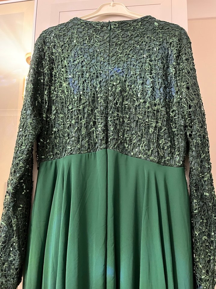 Uzun Kollu Yeşil Abiye Elbise - Görsel 5