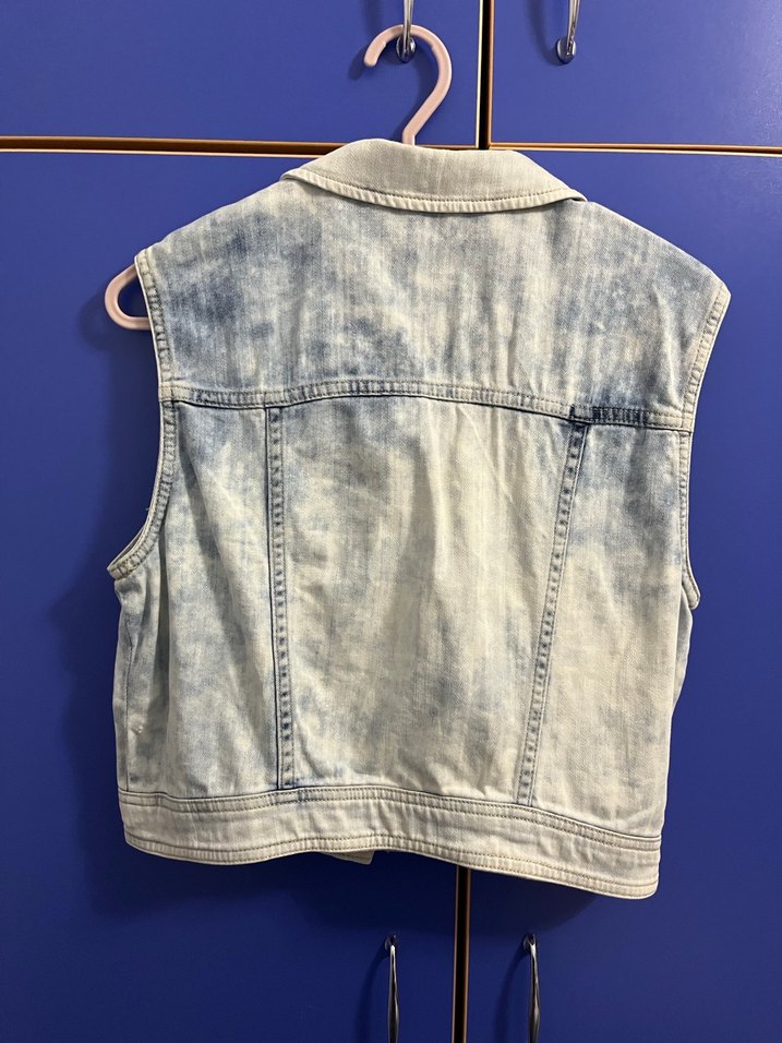 Kadın Mavi Batik Desenli Kolsuz Denim Ceket - Görsel 3