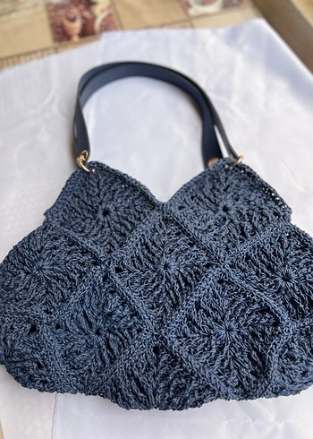 Lacivert Dantel Detaylı hasır Kadın Çanta - Görsel 3