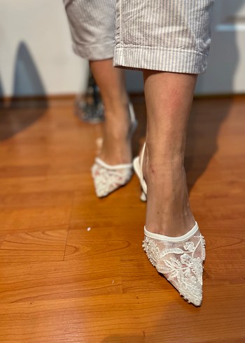 38 Beden beyaz Renk Dantel İşlemeli Beyaz Stiletto Gelin Ayakkabısı