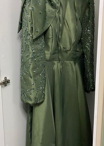 Yeşil Uzun Kollu Drapeli Abiye Elbise - Görsel 3