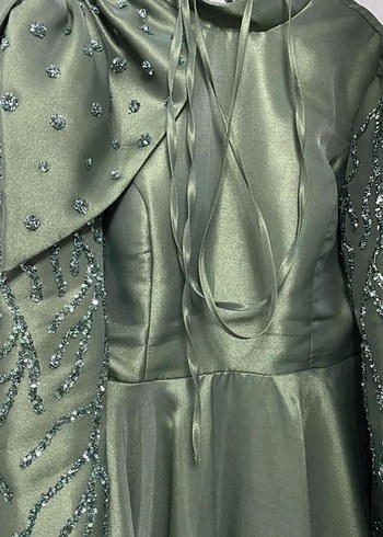 Yeşil Uzun Kollu Drapeli Abiye Elbise - Görsel 2