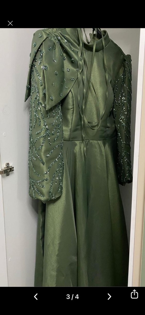 Yeşil Uzun Kollu Drapeli Abiye Elbise - Görsel 3