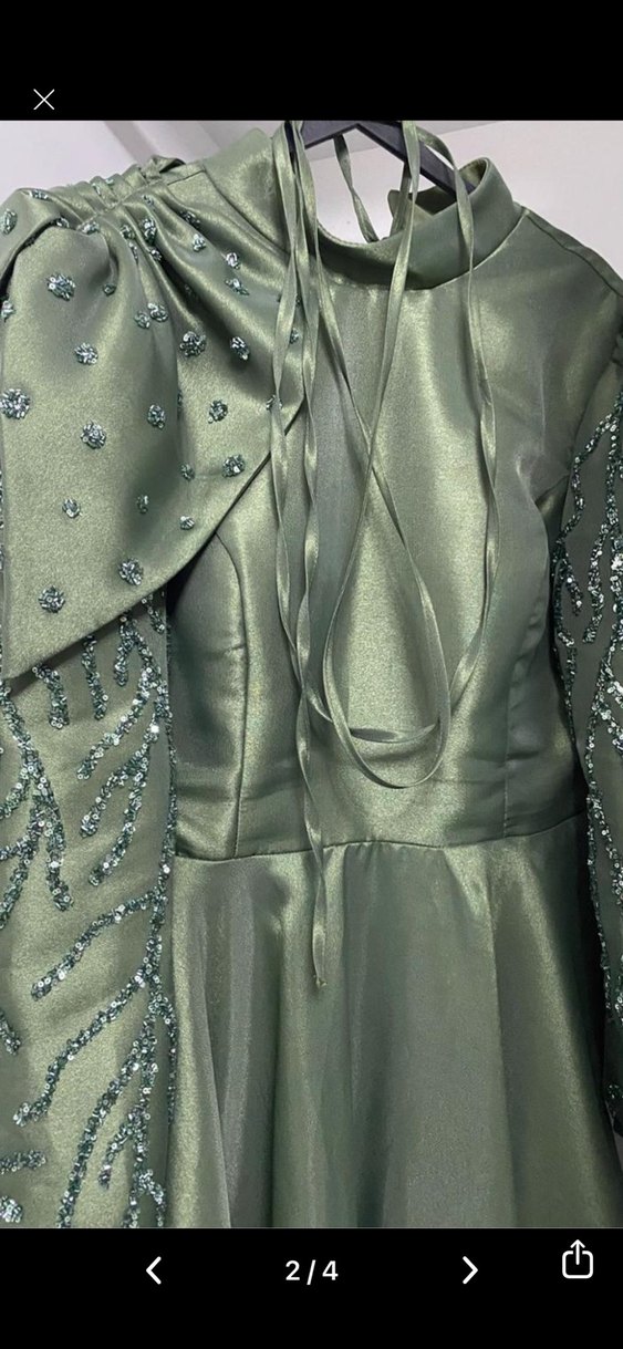 Yeşil Uzun Kollu Drapeli Abiye Elbise - Görsel 2