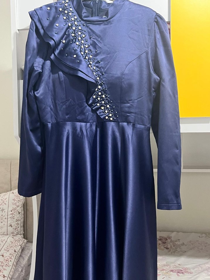 Mavi Uzun Kollu Drapeli Abiye Elbise - Görsel 2