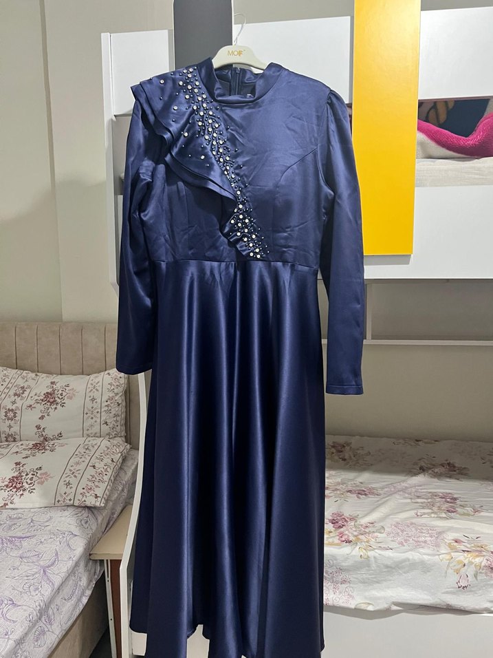 Mavi Uzun Kollu Drapeli Abiye Elbise - Görsel 4